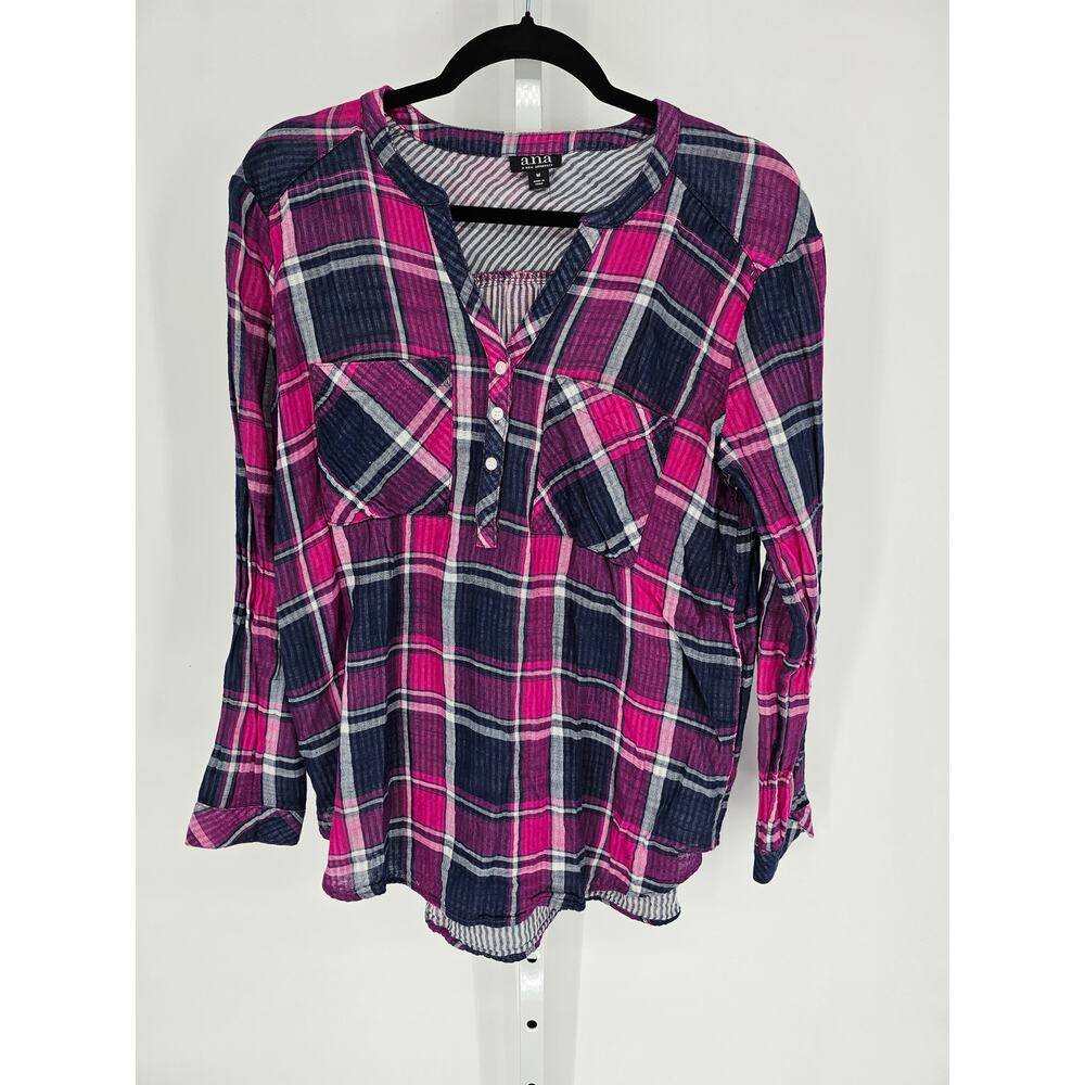 a.n.a Women Multicolor Plaid Long Sleeve Collar Half Button Pullover Top Size M